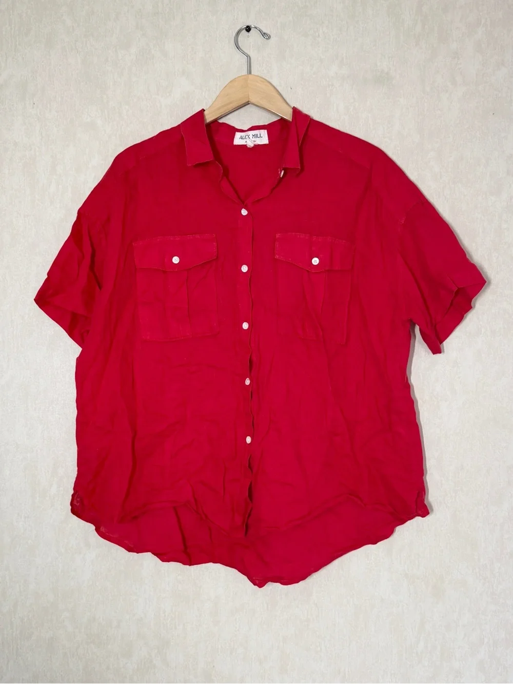 Alex Mill Women’s Wash & Go 100% Linen Utility Shirt Shortsleeve in Red XL